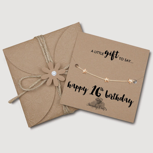 16th Birthday Gift - 18ct Gold Star Bracelet with Card and Gift Wrap