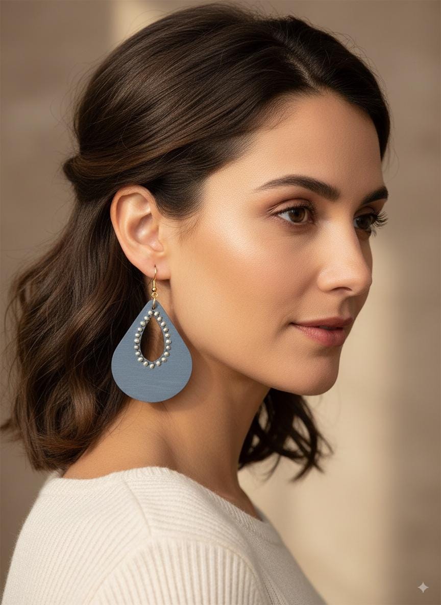 Dusky Blue Teardrop Earrings with Pearl Effect Detail - Navy Statement Earrings, Lightweight Earrings, Gift for Her, Wooden Earrings