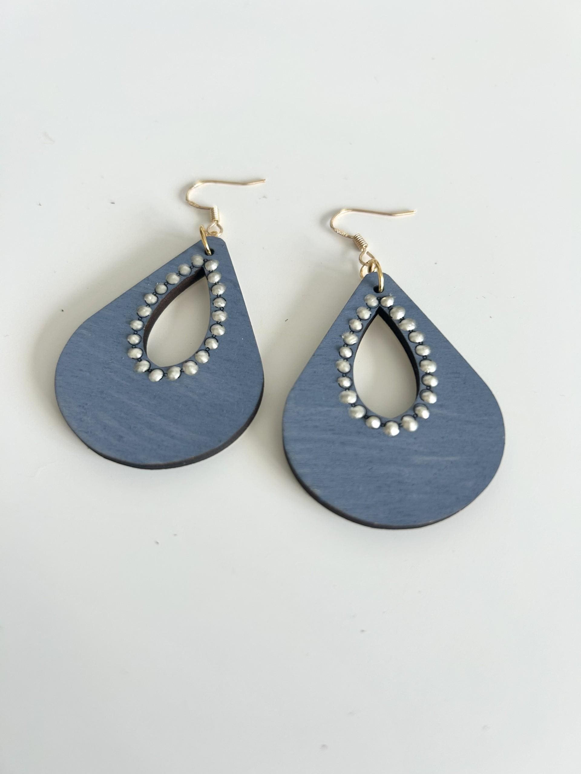 Dusky Blue Teardrop Earrings with Pearl Effect Detail - Navy Statement Earrings, Lightweight Earrings, Gift for Her, Wooden Earrings