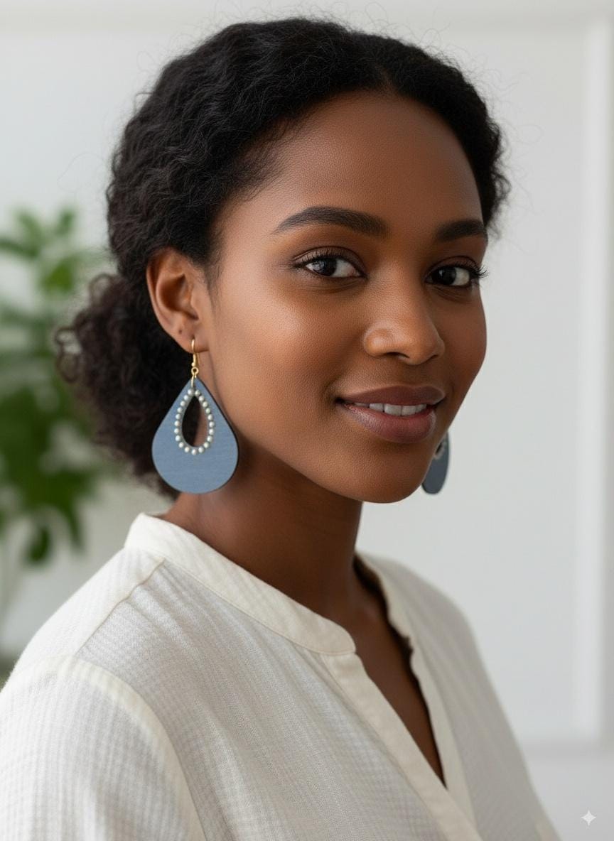 Dusky Blue Teardrop Earrings with Pearl Effect Detail - Navy Statement Earrings, Lightweight Earrings, Gift for Her, Wooden Earrings