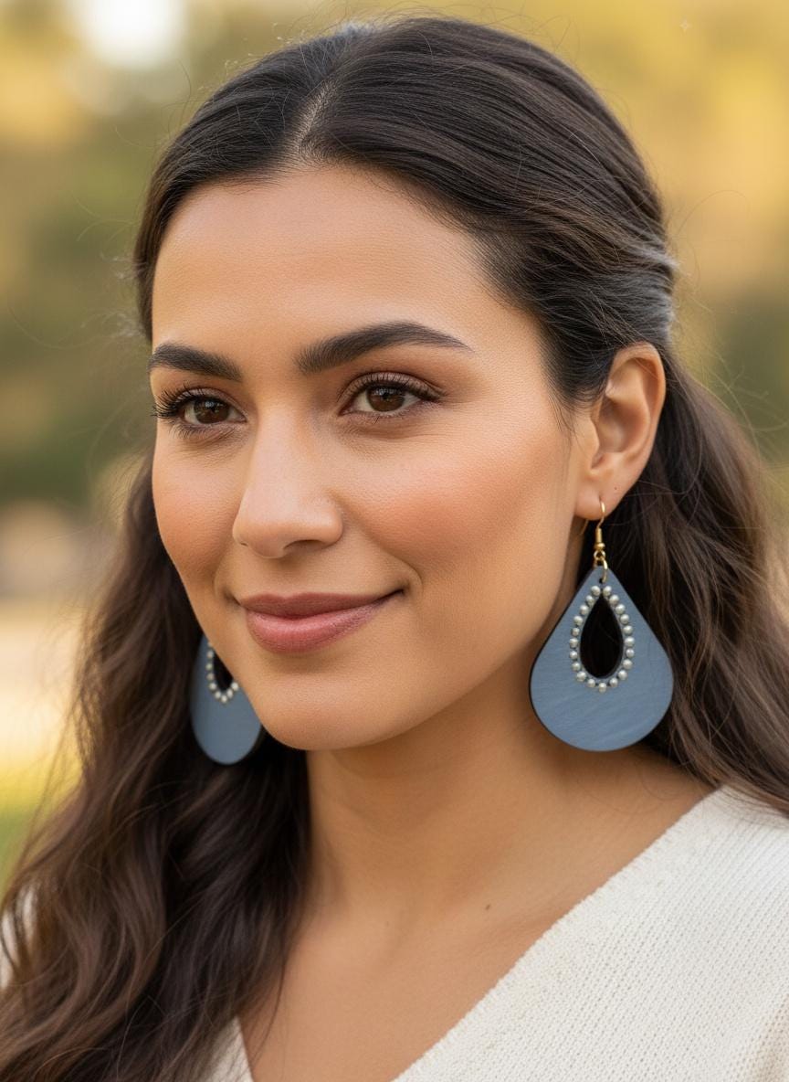 Dusky Blue Teardrop Earrings with Pearl Effect Detail - Navy Statement Earrings, Lightweight Earrings, Gift for Her, Wooden Earrings
