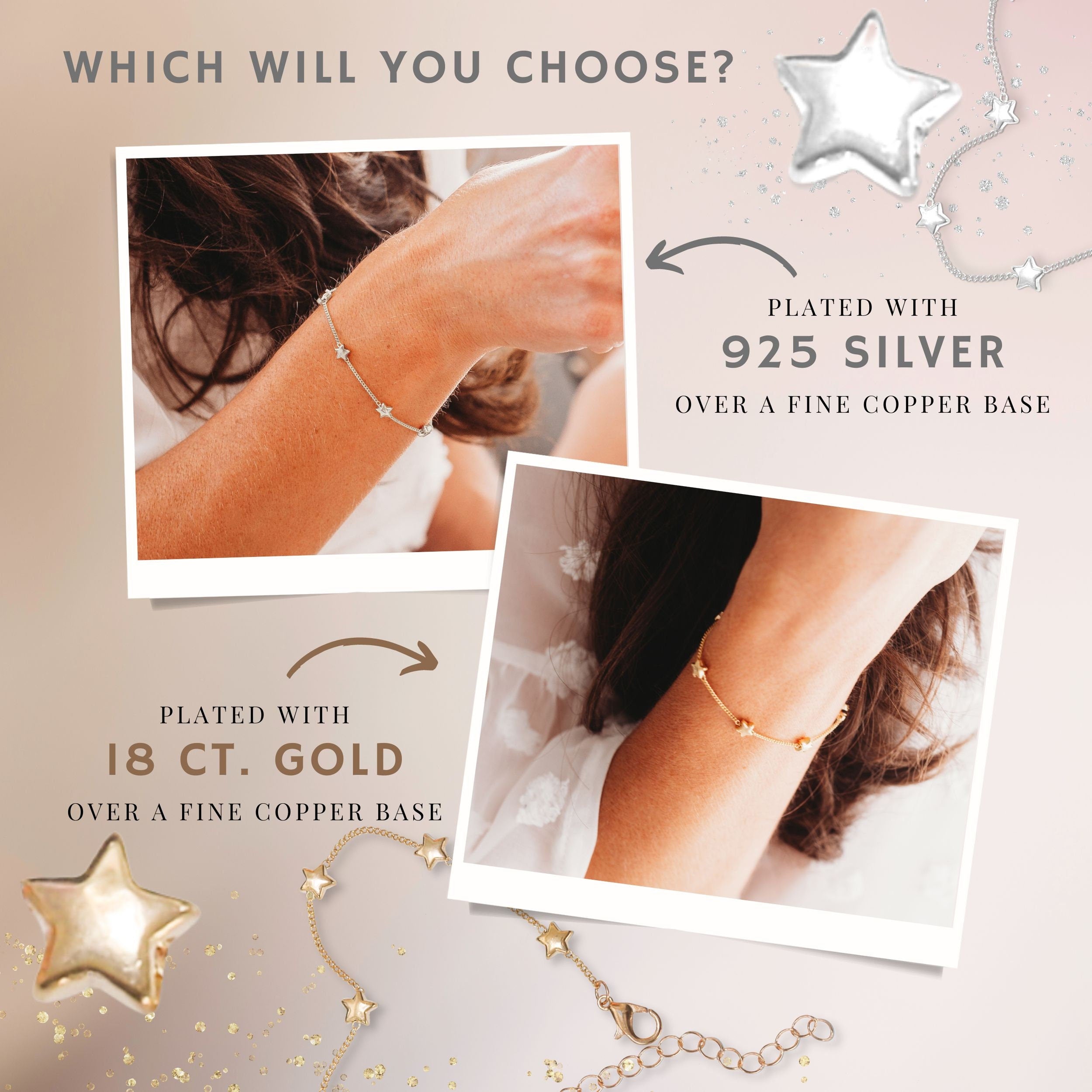 Gold Star Bracelet Silver, Gold Bracelet, Gold Plated Bracelet with Stars, 18ct Gold / 925 Sterling Silver Plated Star Bracelet
