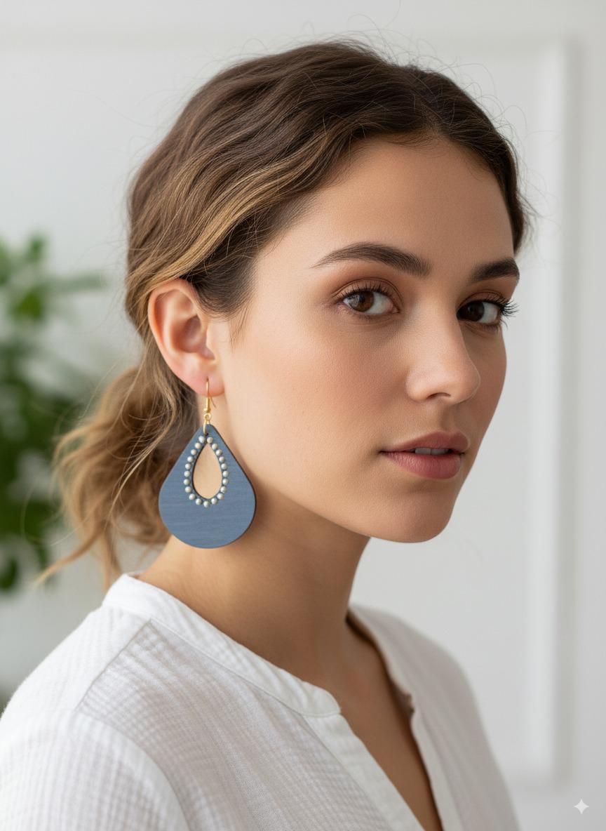 Dusky Blue Teardrop Earrings with Pearl Effect Detail - Navy Statement Earrings, Lightweight Earrings, Gift for Her, Wooden Earrings